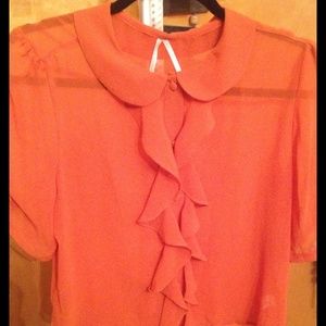 Cotton and candy orange sheer ruffle top blouse‎
